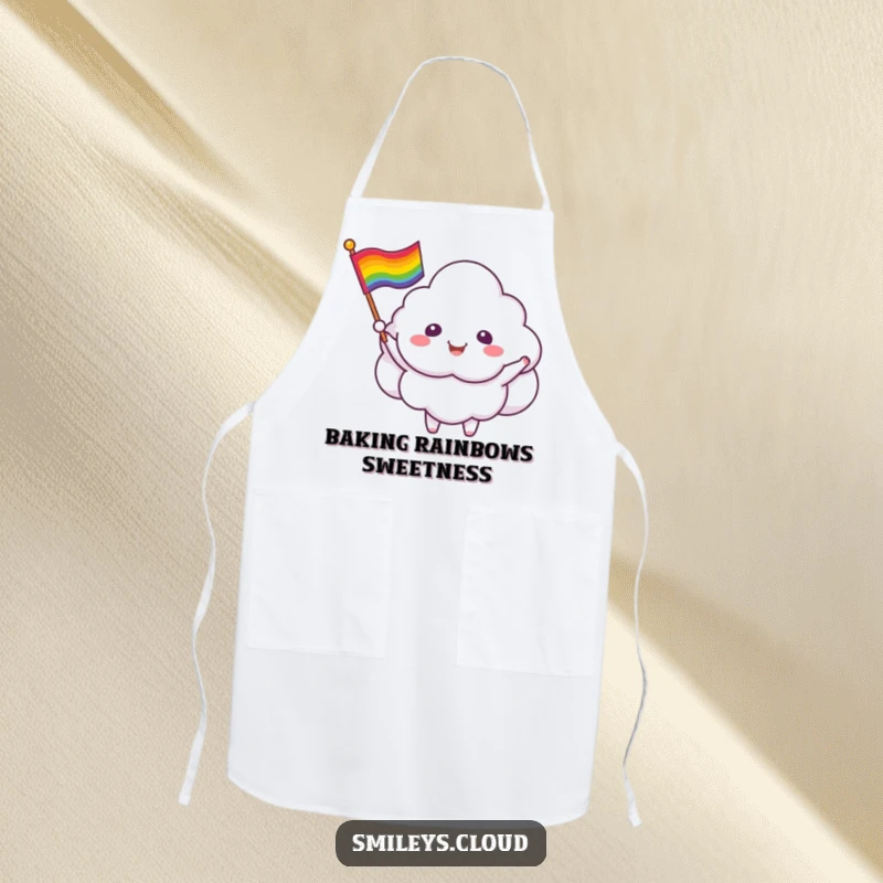Funny cloud critter apron showing a smiling cloud waving a rainbow flag, perfect for kitchen fun.
