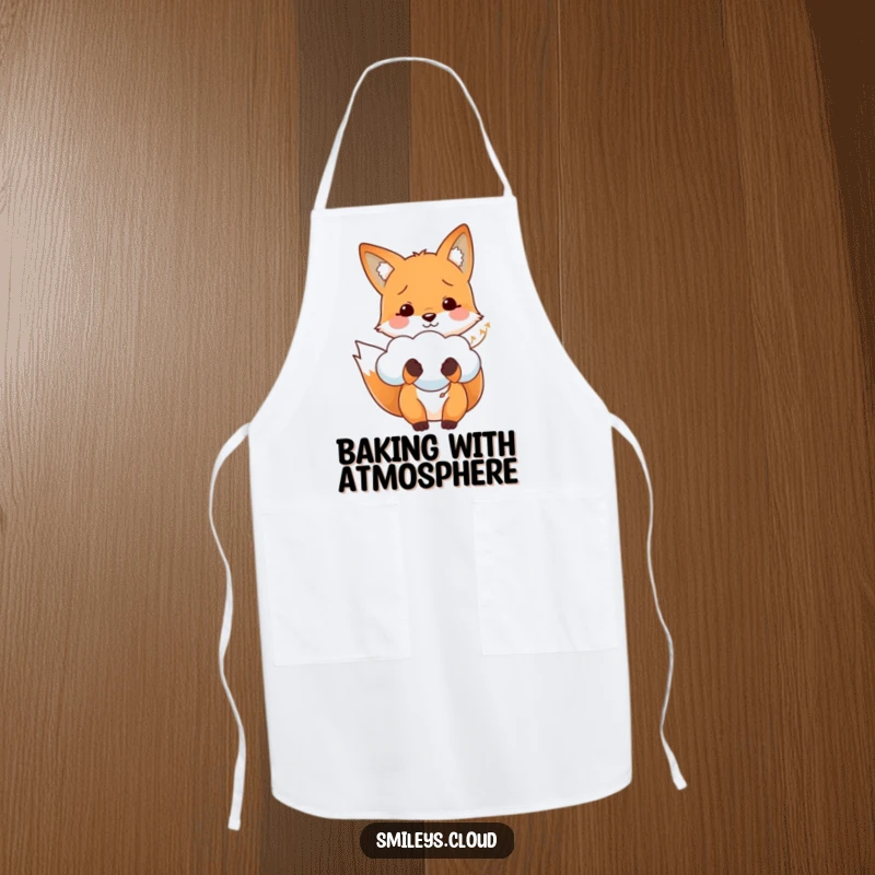 Funny apron featuring a happy fox holding a fluffy cloud like a balloon, ideal for adding humor to cooking and baking.