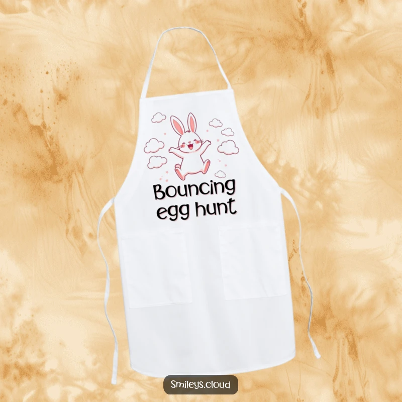 Funny apron depicting a happy rabbit leaping between scattered clouds with pure joy, bringing a sense of playful energy to the kitchen.