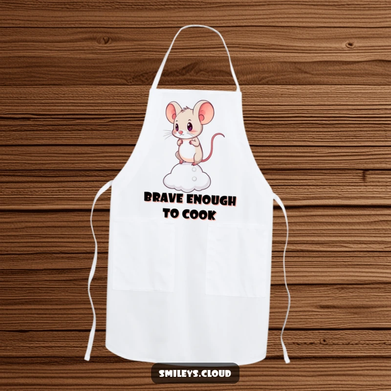Funny apron showcasing a brave mouse determinedly balancing on a cloud, perfect for kitchen battles and protecting clothes.