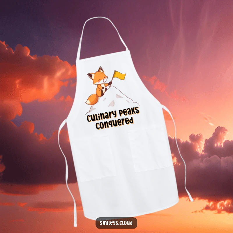 Funny apron adorned with a determined fox planting a flag on a cloud, a humorous kitchen accessory for chefs.