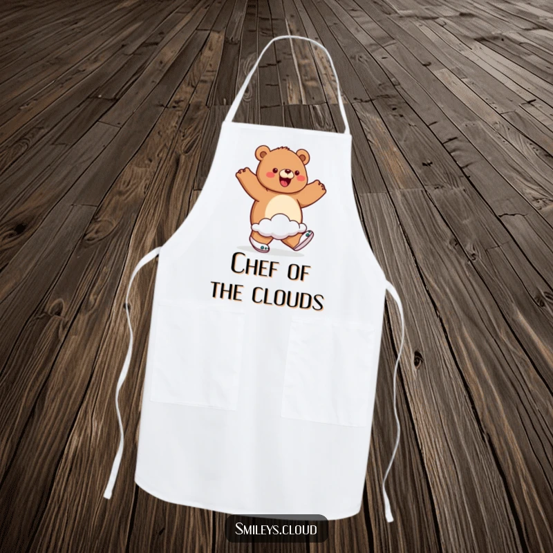 Funny apron showcasing a proud bear wearing cloud shoes and walking on air, perfect for kitchen fun and protecting clothes.