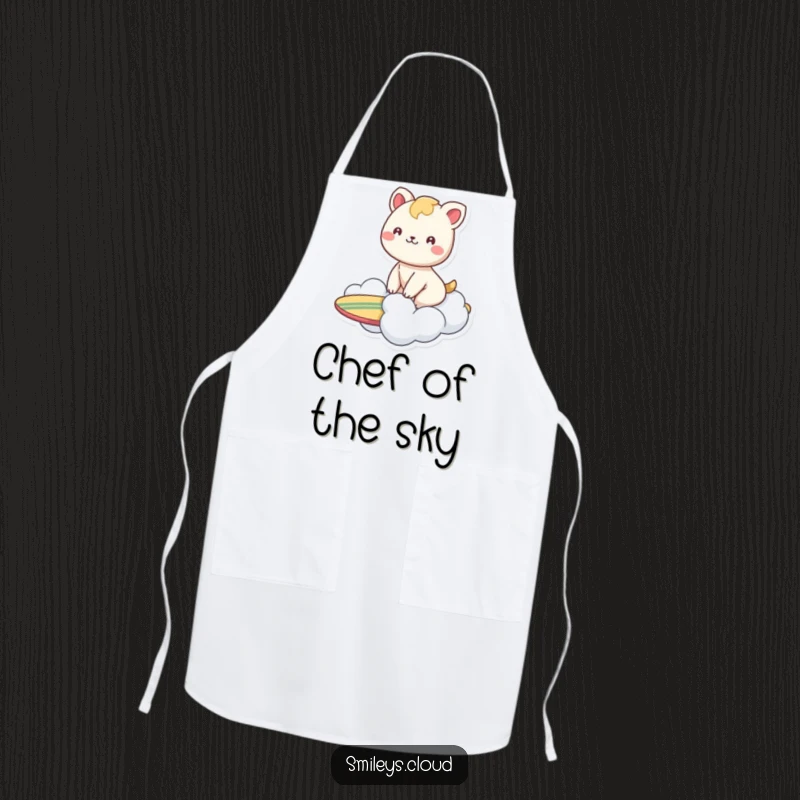 Funny apron showing a smiling animal surfing on a cloud like a surfboard, perfect for bringing happy vibes to cooking.