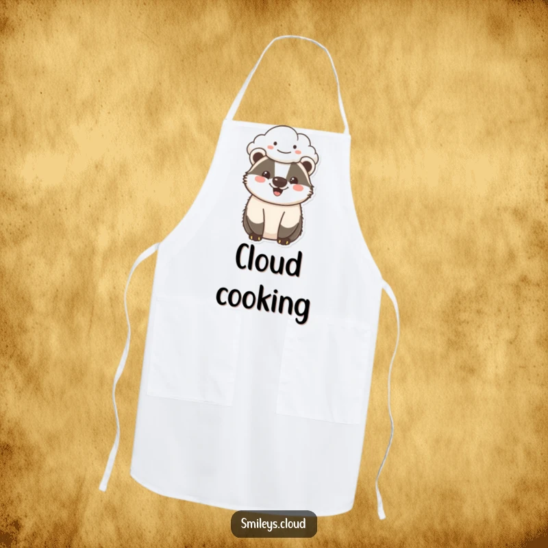 Funny cheerful badger apron showing a happy badger under a smiling cloud, a humorous kitchen accessory for those who love to smile.