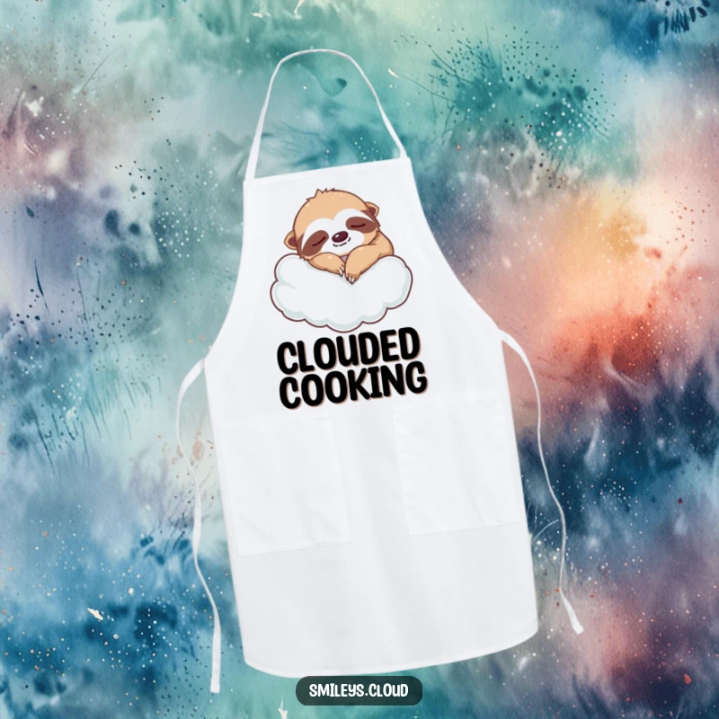 Funny silly sloth apron showing a napping sloth on a cloud, a humorous kitchen accessory for those who appreciate a relaxed pace.