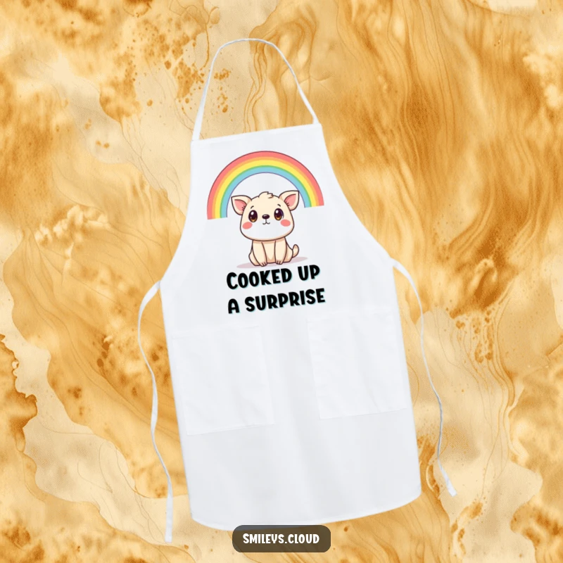 Funny apron with a startled animal beneath a radiant rainbow, ideal for chefs who love humor and a splash of color.