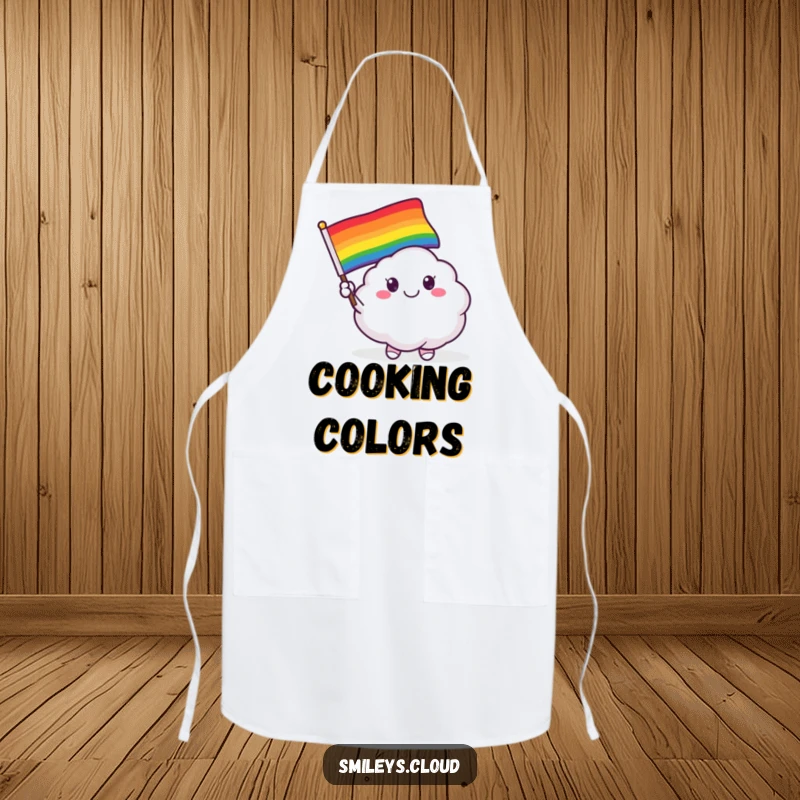 Funny apron depicting a smiling cloud critter happily waving a vibrant rainbow flag, adding cheer to the kitchen.