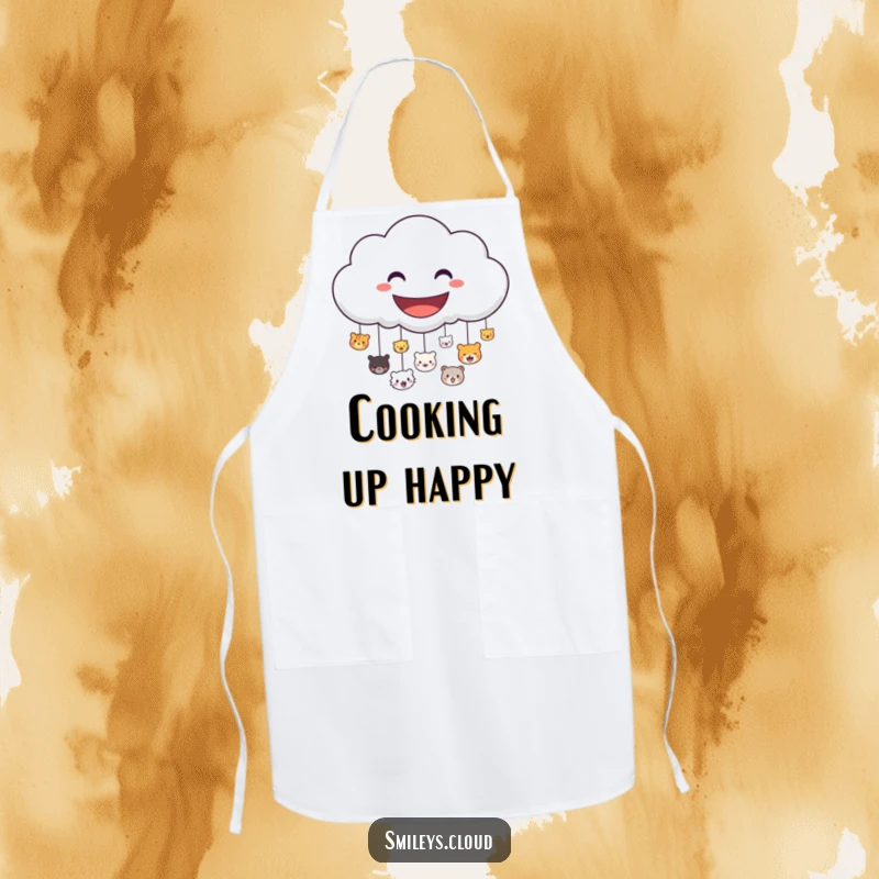 Funny apron depicting a smiling cloud character raining down happy animal faces, perfect for a cheerful cooking experience.