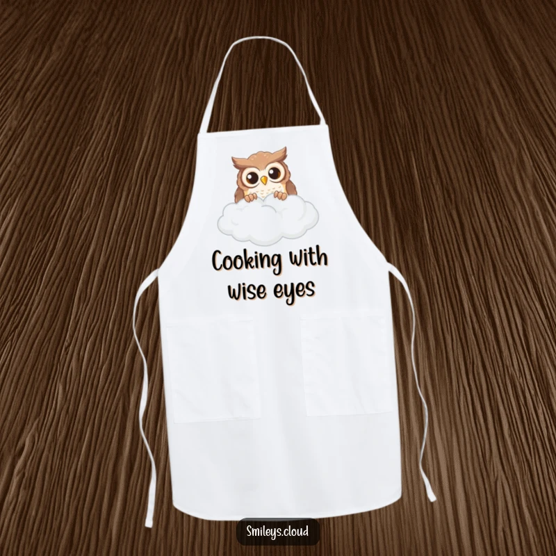 Funny curious owl peeking over a cloud, wearing a cooking apron.