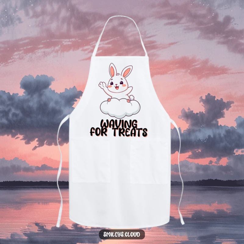 Funny Bunny Apron: A happy bunny waves from a cloud on this apron, a humorous and cheerful kitchen accessory gift.
