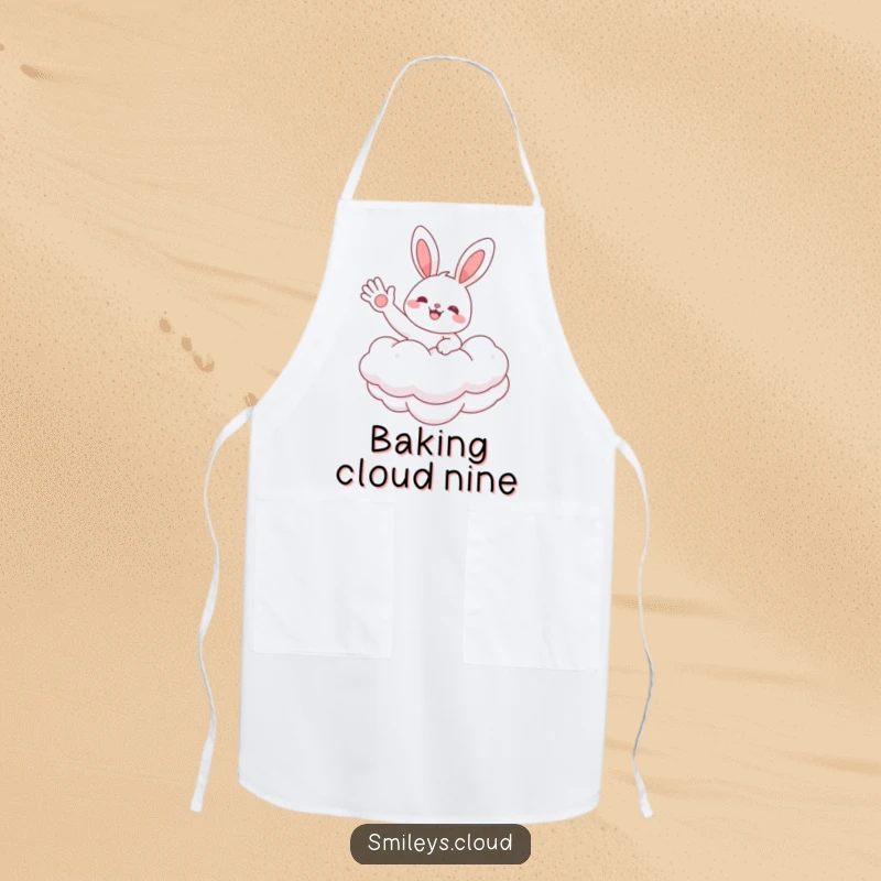 Funny apron featuring a cheerful bunny character floating on a cloud, waving hello, ready to assist in the kitchen with a smile.
