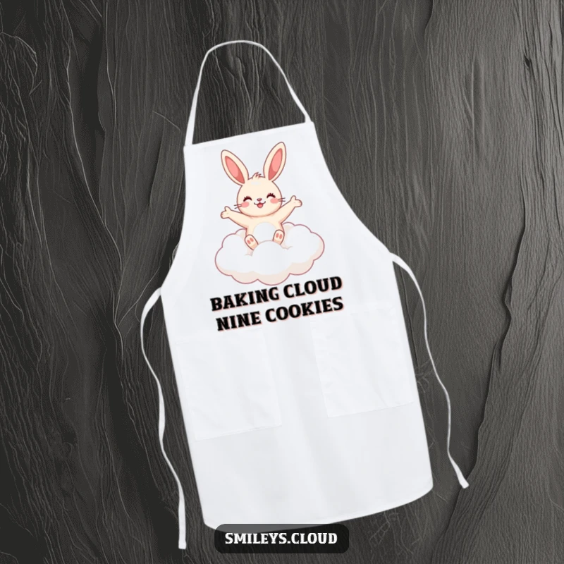 Funny cute bunny floating on a cloud, arms outstretched, wearing a cooking apron.