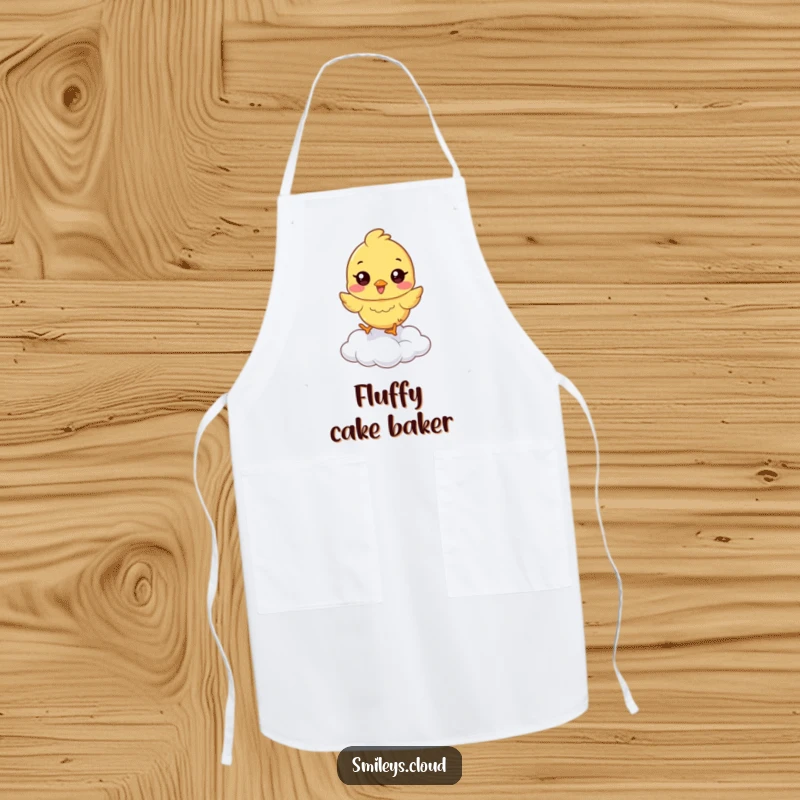 Funny chick apron featuring a happy chick hopping on a cloud, a humorous and functional kitchen accessory.