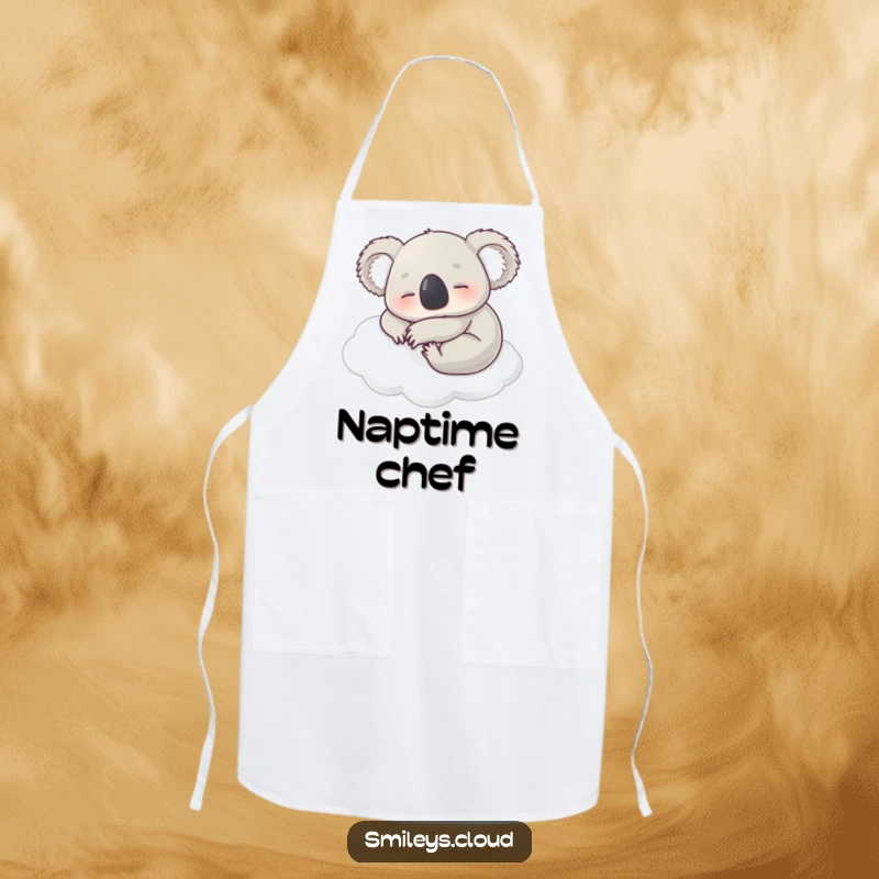Funny apron with a contented koala napping on a soft white cloud, ideal for relaxed cooking with humorous flair.