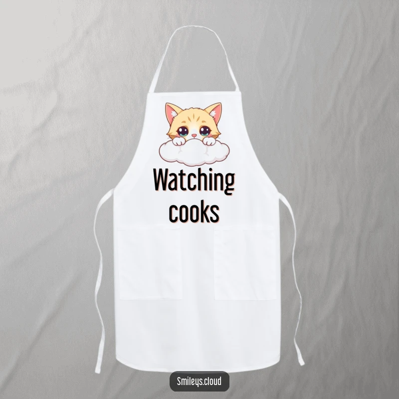 Funny apron shows a curious cat peeking over a cloud, eyes wide with wonder and a hint of playful curiosity.