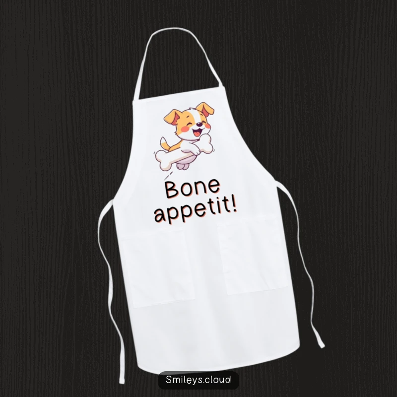 Funny apron showcasing a giggling dog chasing a cloud shaped like a bone, perfect for kitchen fun and protecting clothes.