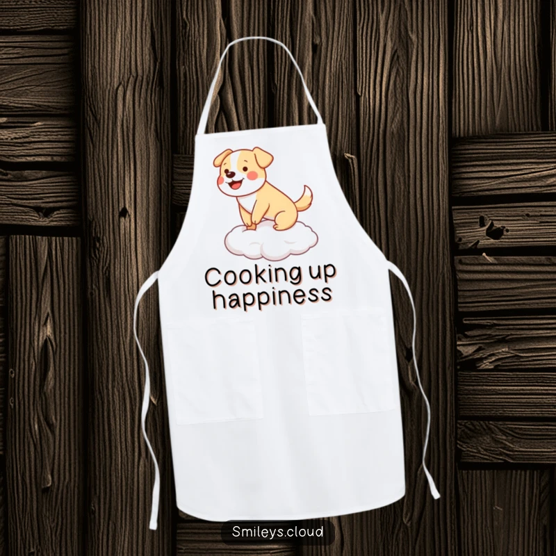 Funny happy dog wagging its tail, balancing on a cloud, wearing a cooking apron.
