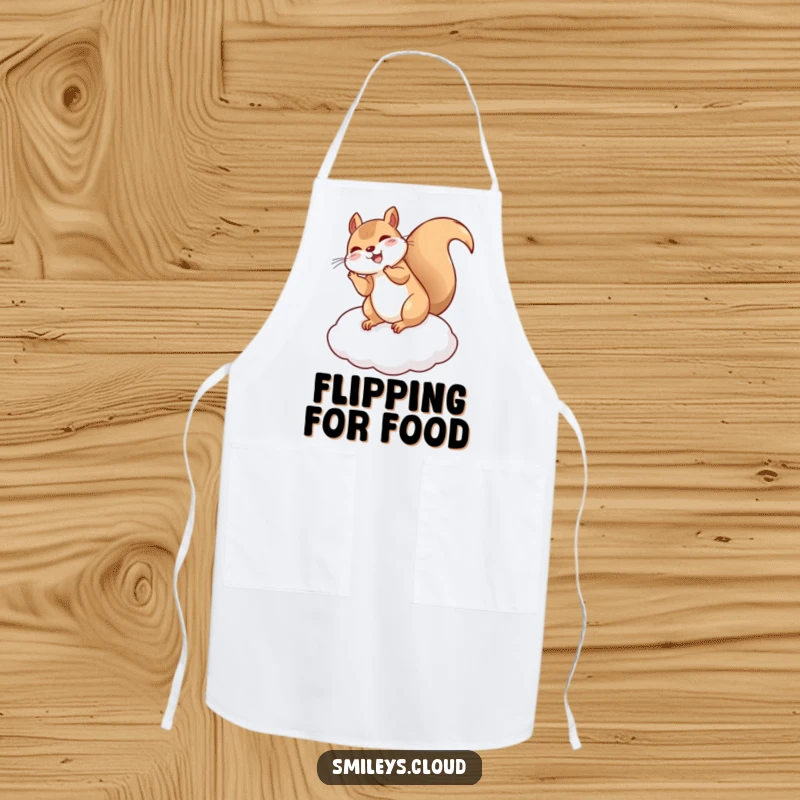 Funny Squirrel apron featuring a giggling squirrel doing a flip on a cloud cushion, ideal for adding whimsical humor to your culinary tasks.