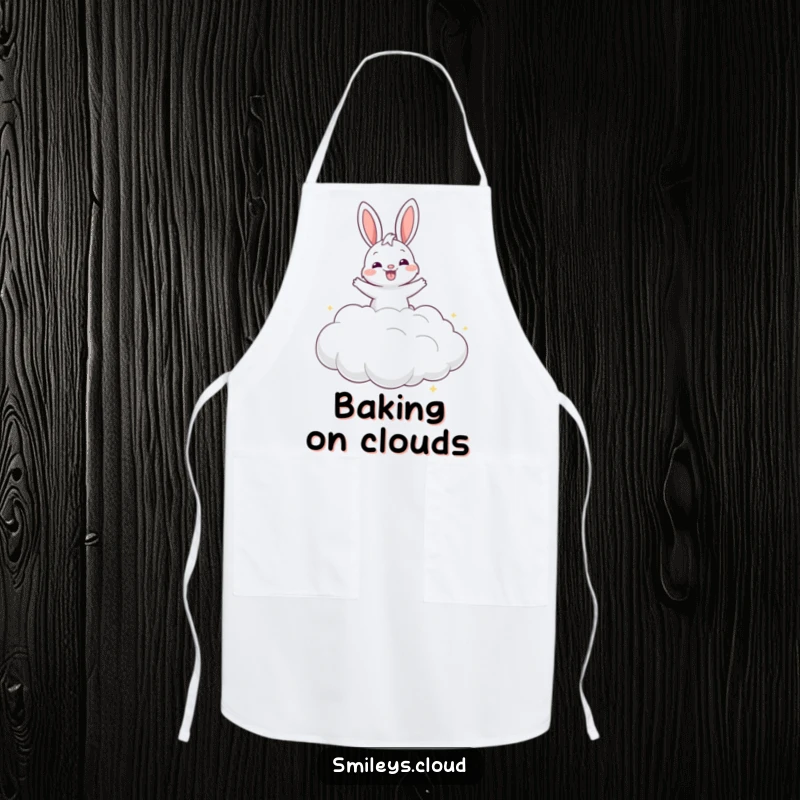 Funny grinning bunny bouncing on a cloud on a humorous kitchen apron, perfect for a joyful cook.