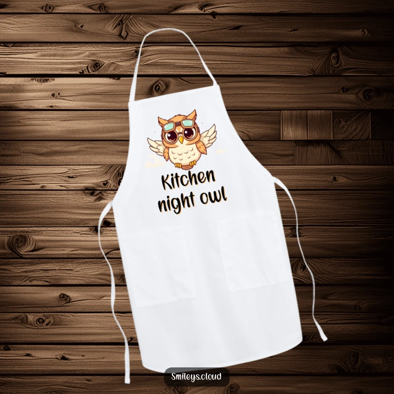 Funny apron design featuring a cute owl wearing aviator goggles, soaring through fluffy clouds, ready for funny culinary adventures.