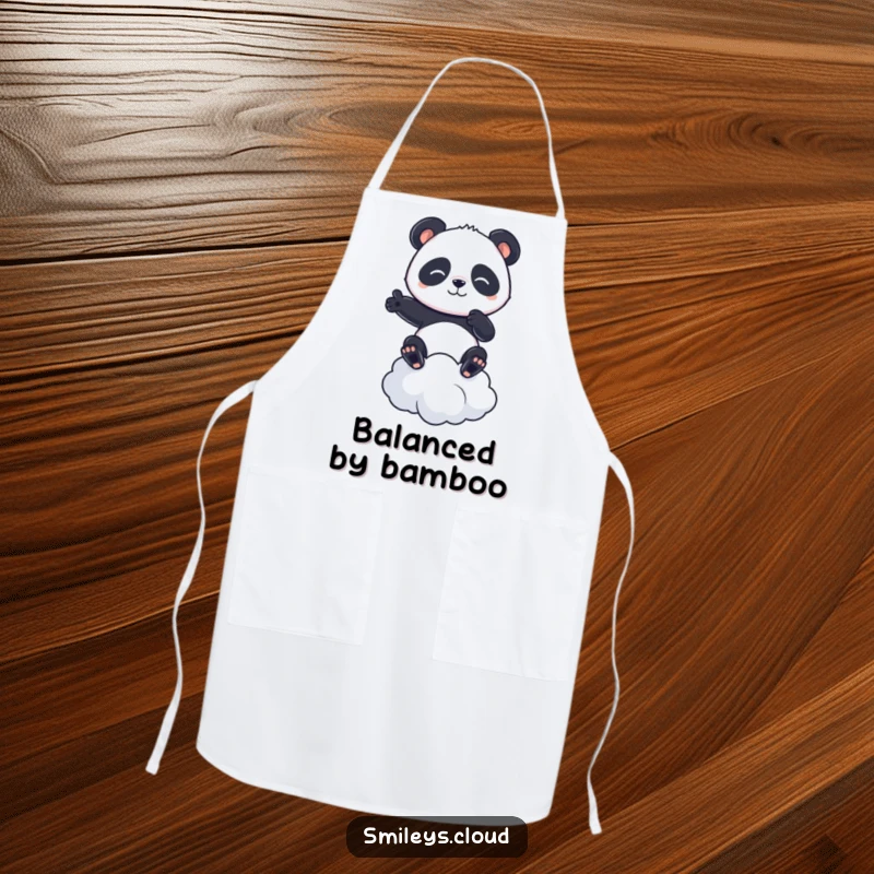 Funny apron featuring a determined panda balancing on a cloud, adding a humorous and focused touch to cooking.