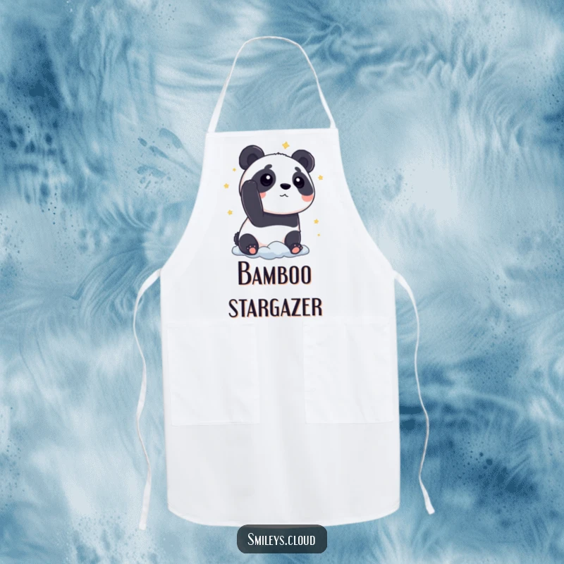 Funny panda apron featuring a curious panda gazing at stars from a cloud, a humorous and functional kitchen accessory.