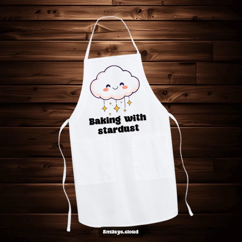 Funny smiling cloud character on an apron showering sparkling stars, ideal for kitchen magic.