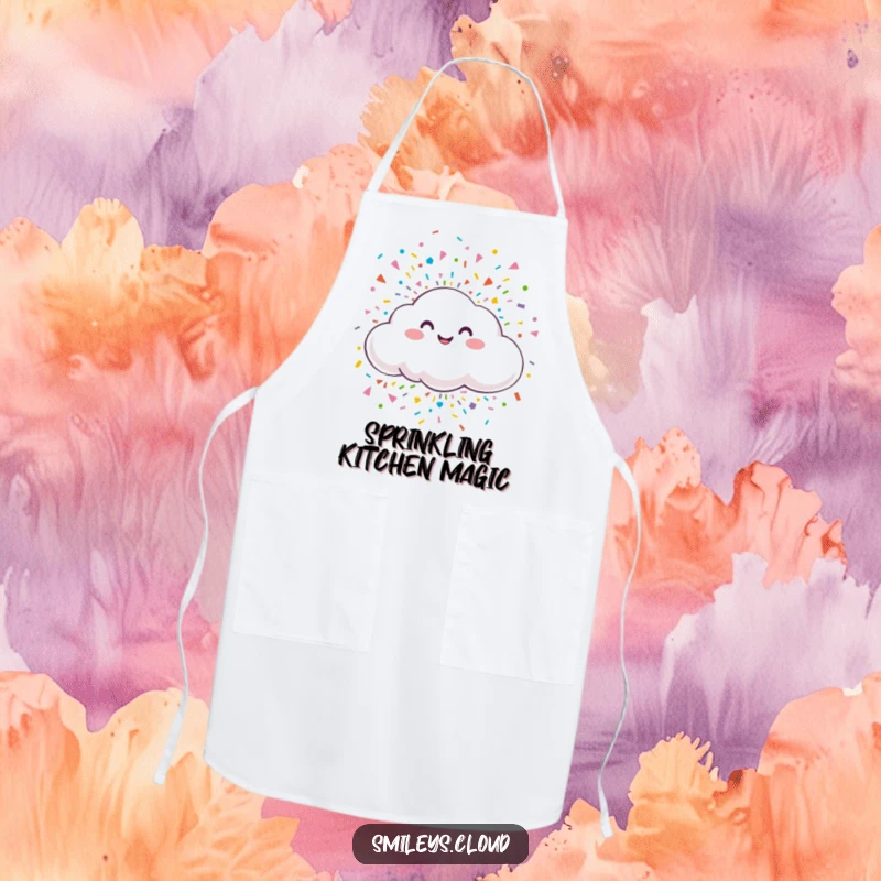 Funny apron featuring a smiling cloud releasing a burst of colorful confetti, adding a festive and humorous touch to kitchen wear.