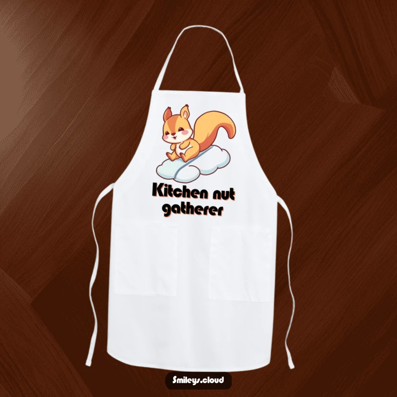 Funny squirrel apron featuring a silly squirrel sliding down a cloud, a humorous and functional kitchen accessory.