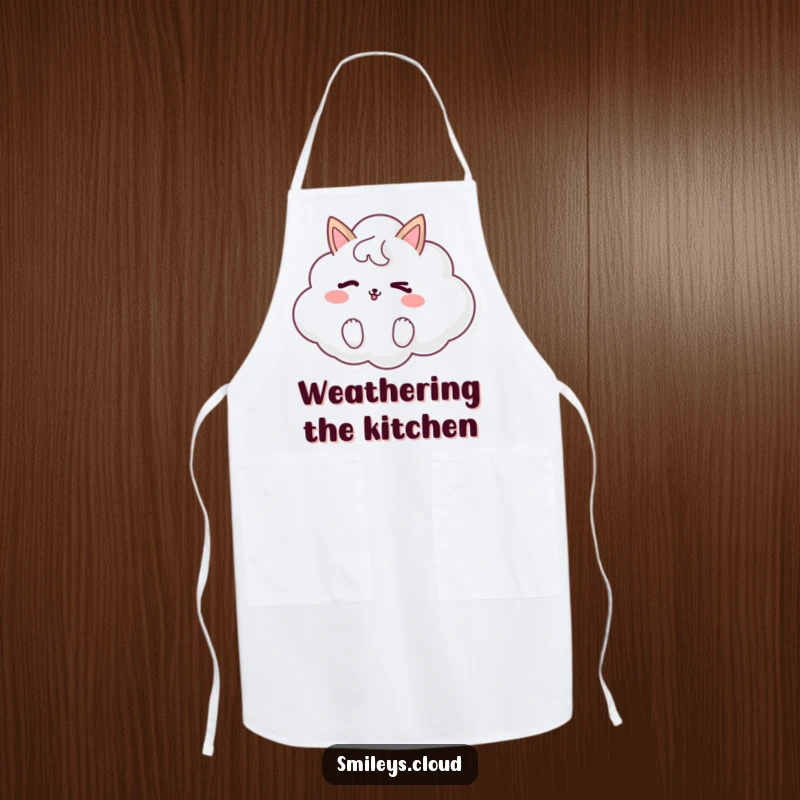 Funny apron featuring a cute cloud animal winking playfully, perfect for kitchen use and adding a humorous touch to cooking.