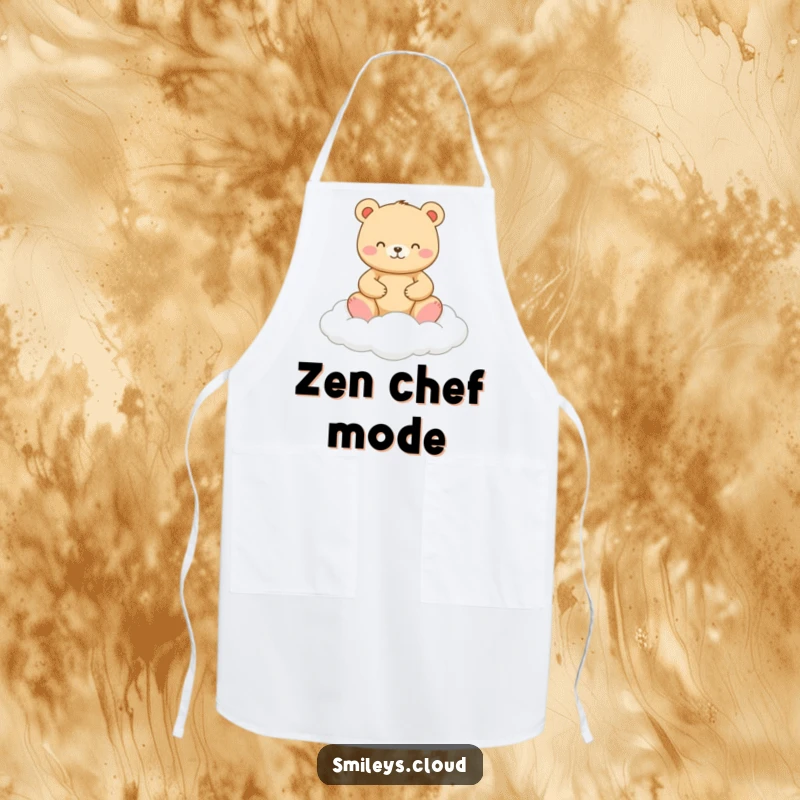 Funny apron featuring a smiling bear meditating on a cloud, perfect for a humorous cooking experience.