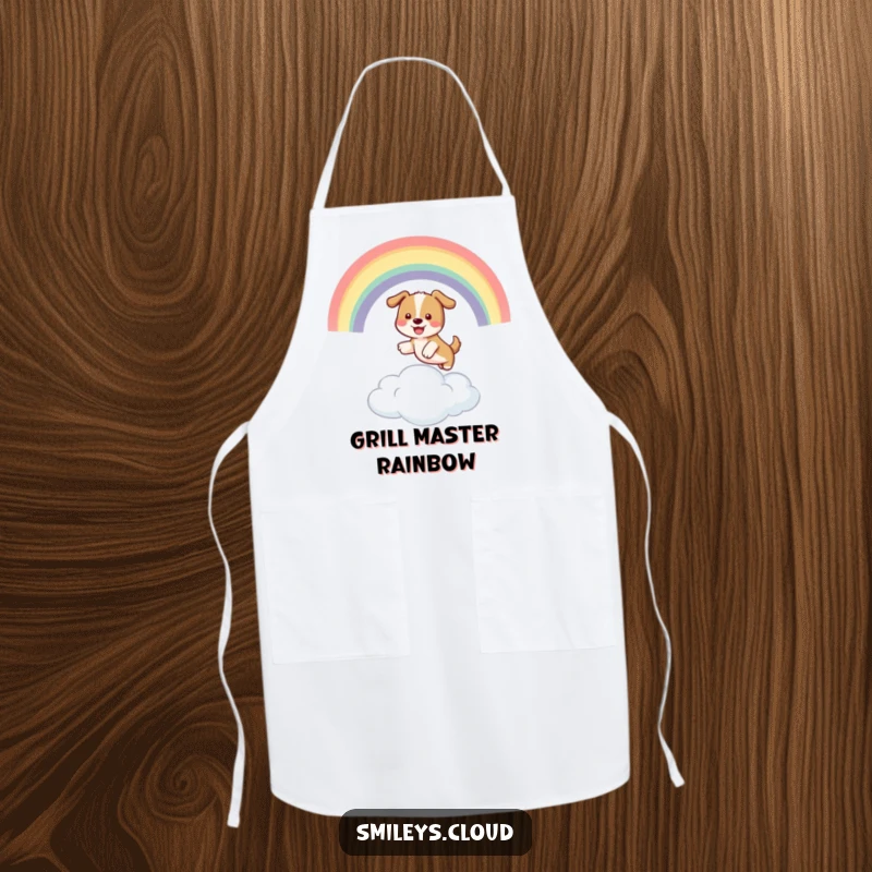 Funny apron design featuring a playful dog jumping through a rainbow arching over a cloud, ready for funny culinary adventures.