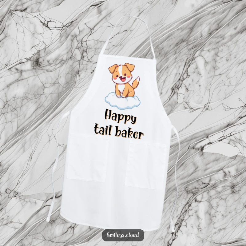 Funny cheerful dog wagging its tail on a cloud, printed on a practical and funny apron for dog lovers.