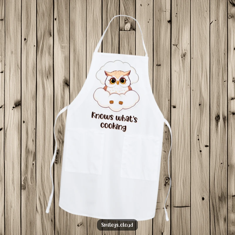 Funny apron with a curious owl peering down from a fluffy cloud, adding a touch of whimsy to kitchen tasks.