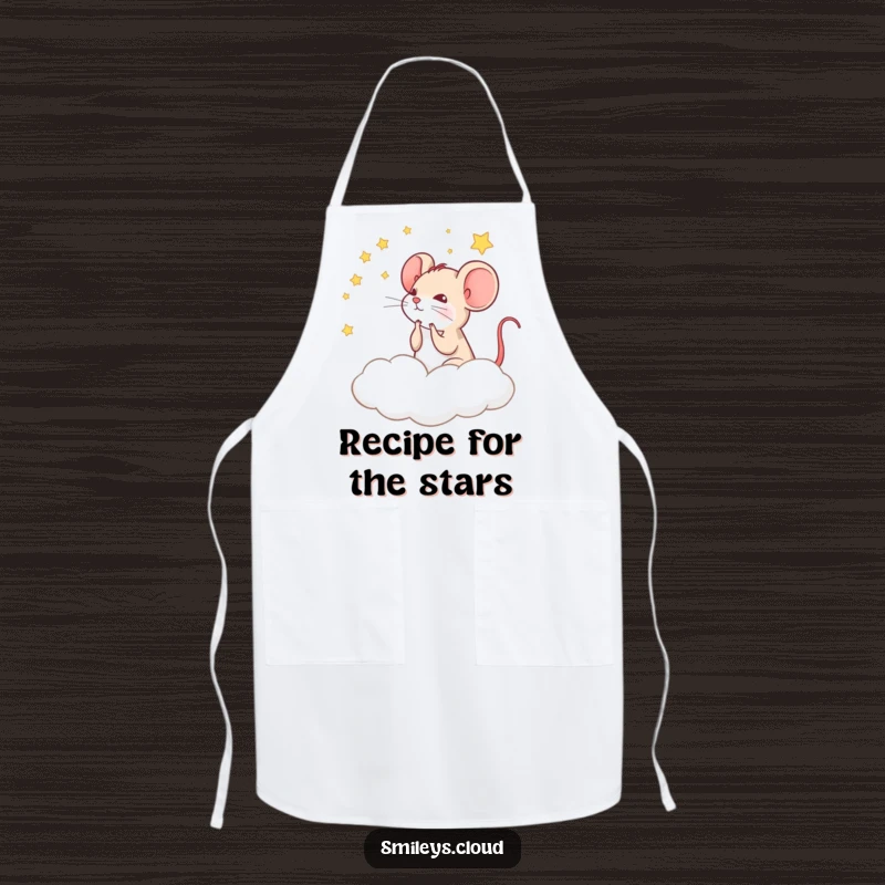 Funny apron featuring a thoughtful mouse gazing at stars from a cloud, adding whimsical charm to kitchen activities.