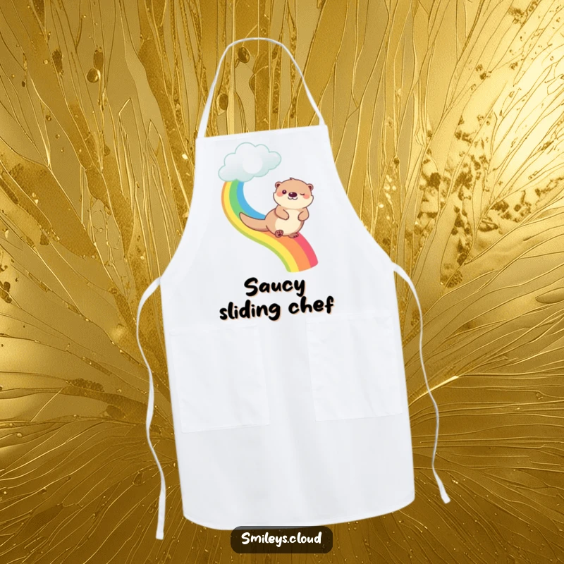 Funny happy otter sliding down a rainbow originating from a cloud, printed on a useful and funny apron.