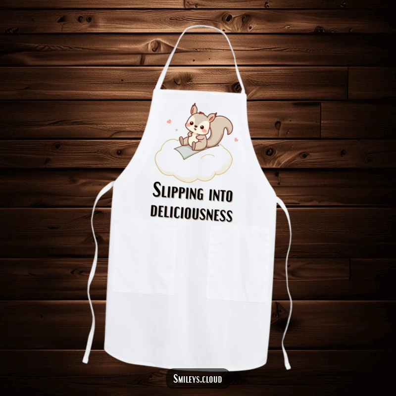 Funny apron showcasing a silly squirrel sliding down a cloud, perfect for kitchen fun and protecting clothes with humor.