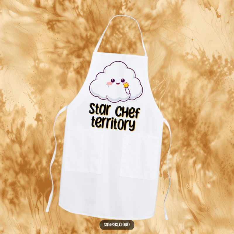 Funny apron featuring a cloud character offering a small, glowing star, adding a touch of magic and humor to kitchen wear.