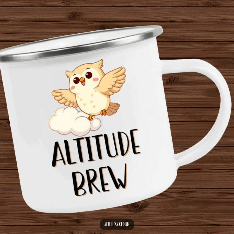 Funny Owl Camping Mug: A joyous owl soaring beside a fluffy cloud, ready for adventures and hot beverages, a perfect outdoor companion.