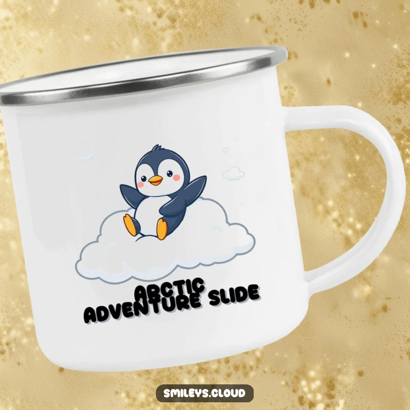 Funny camping mug with a peppy penguin sliding down a fluffy cloud slide, ideal for fun outdoor activities.