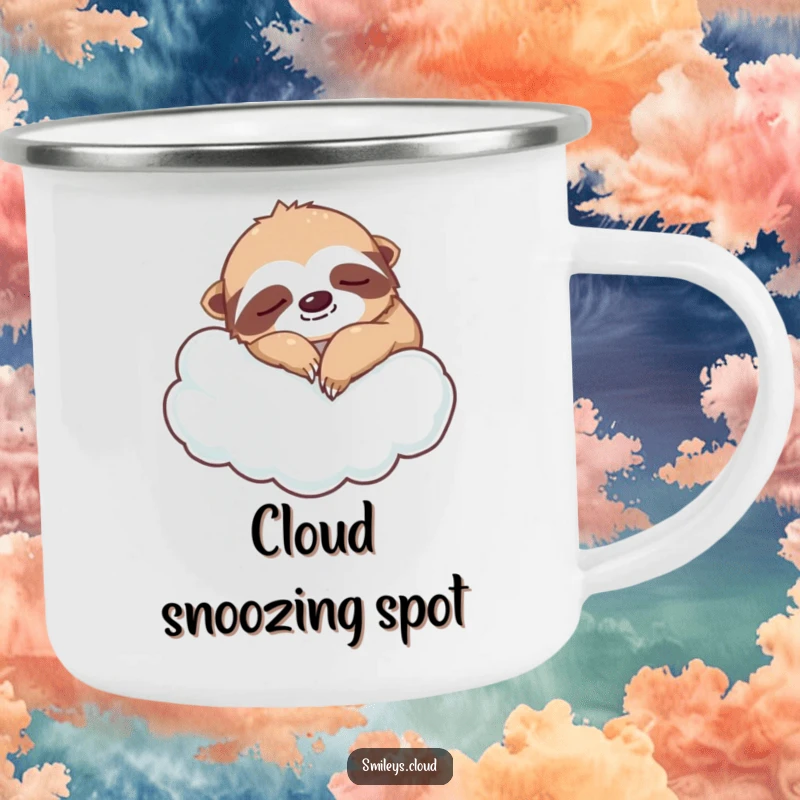 Funny silly sloth camping mug featuring a napping sloth on a cloud, perfect for outdoor enthusiasts who love humor and relaxation.