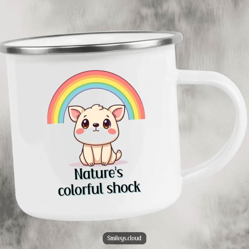 Funny camping mug with a startled animal gazing at an overhead rainbow, perfect for outdoor enthusiasts who enjoy humor.