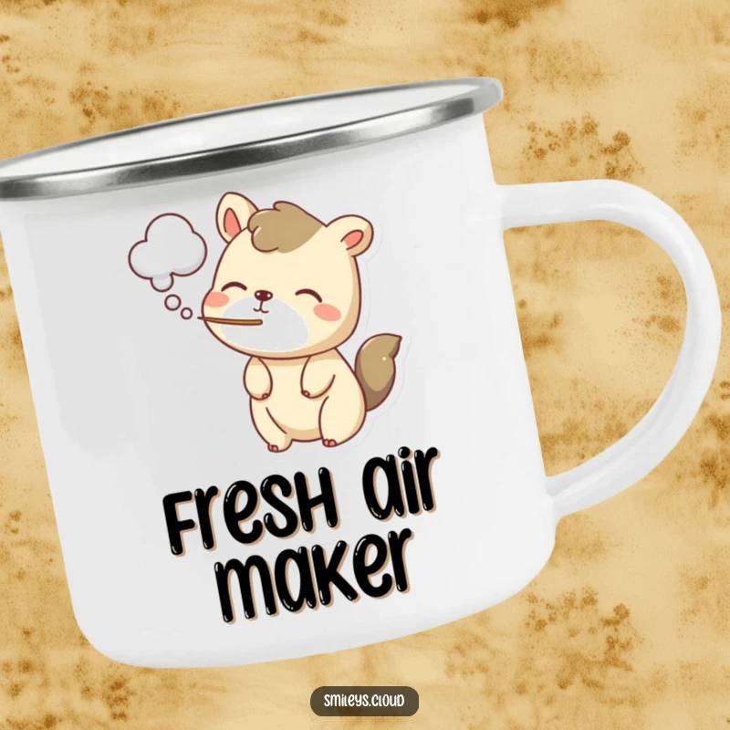 Funny camping mug featuring a playful animal exhaling a gentle puff of cloud-shaped air, adding whimsy to outdoor adventures.