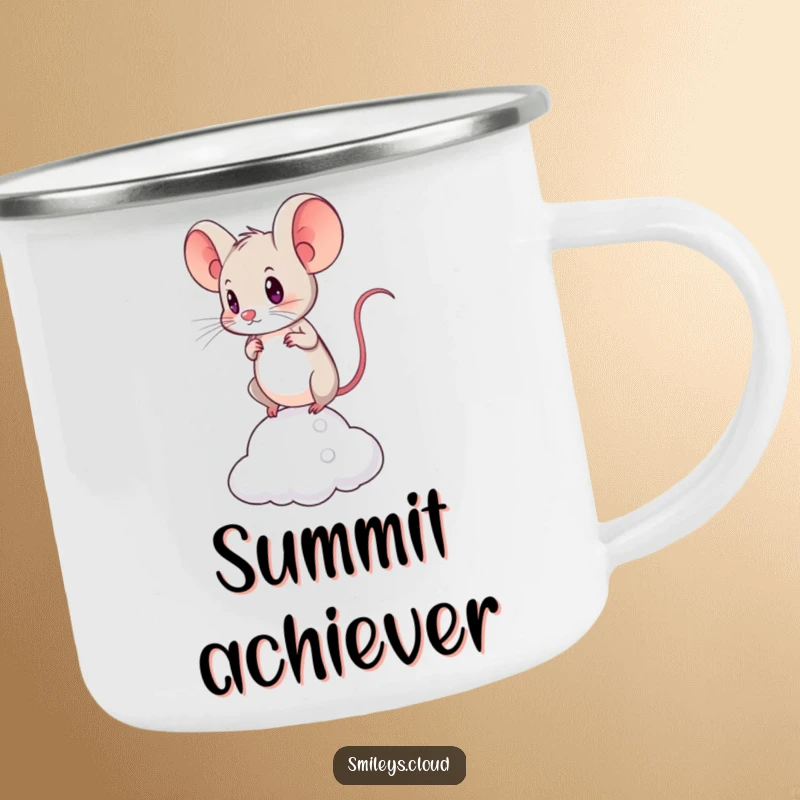 Funny camping mug with a brave mouse looking determinedly balanced on a tiny cloud, perfect for outdoor challenges and hot drinks.