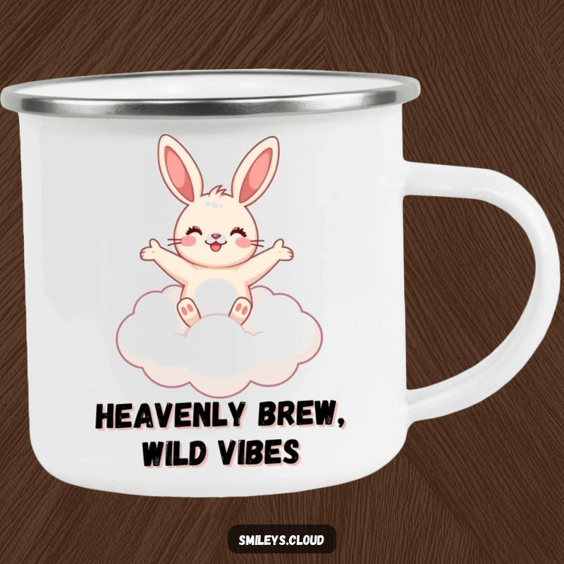 Funny cute bunny floating on a fluffy cloud, arms outstretched, on a durable camping mug.