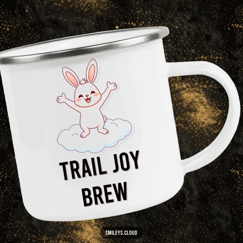 Funny and sturdy camping mug featuring a cheerful bunny balancing on a cloud with arms spread wide, ready for funny adventures.