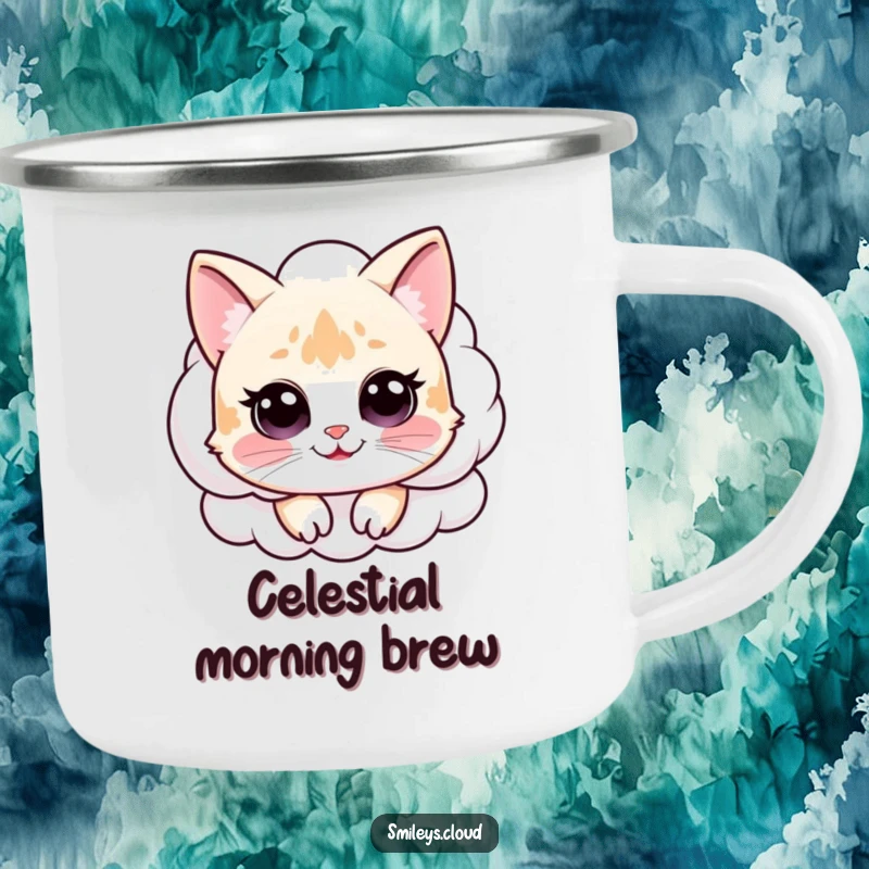 Funny and sturdy camping mug with a happy cat peeking from a fluffy cloud, ready for funny outdoor excursions.