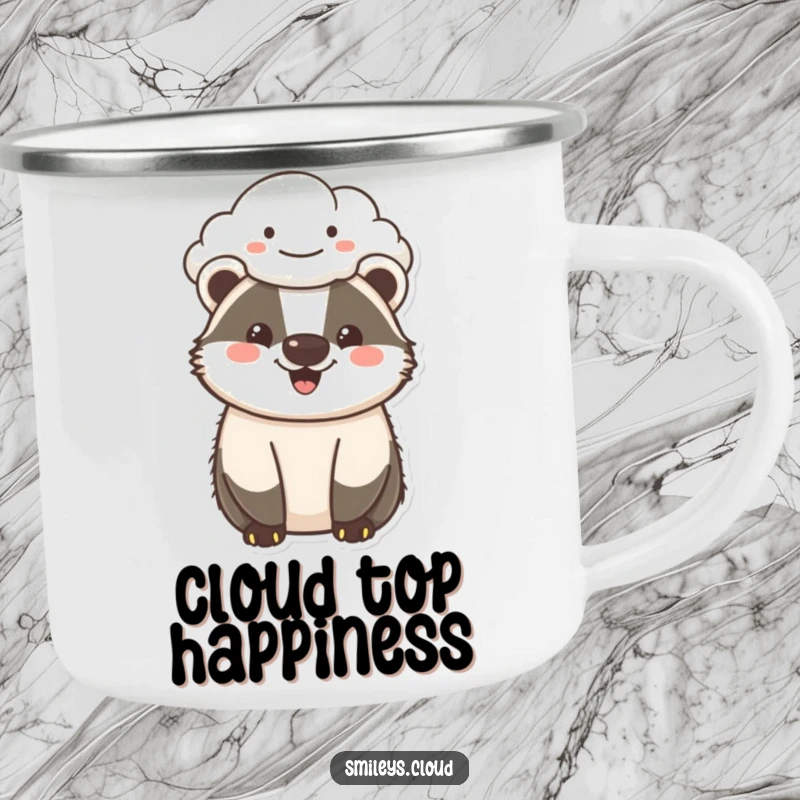 Funny cheerful badger camping mug featuring a happy badger and a smiling cloud, perfect for outdoor enthusiasts who love humor.