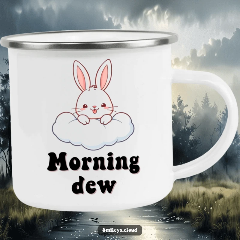 Funny enamel camping mug with a cheerful rabbit peeking from a fluffy cloud, looking adorable and happy.