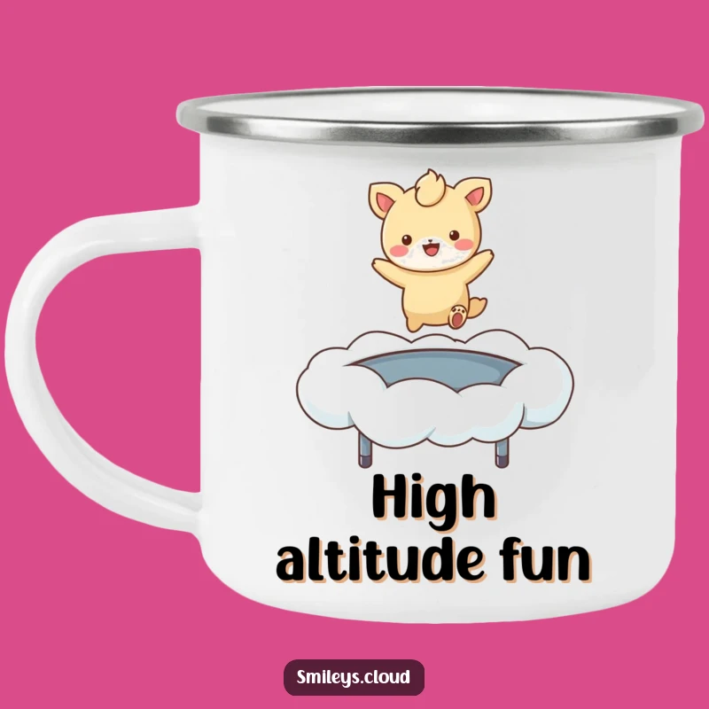Funny Cloud Bouncer Animal Camping Mug: Outdoor Pet Trampoline Joy, Rugged Comedic Style